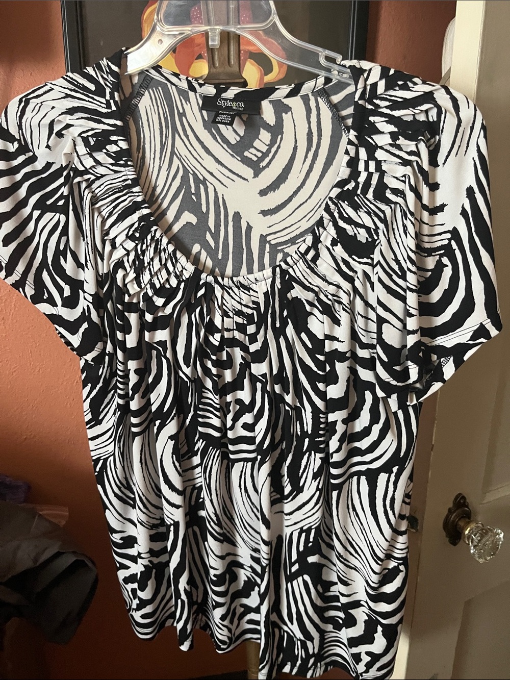Style & Co. Black and White Zebra-Print Scoop Neck Blouse